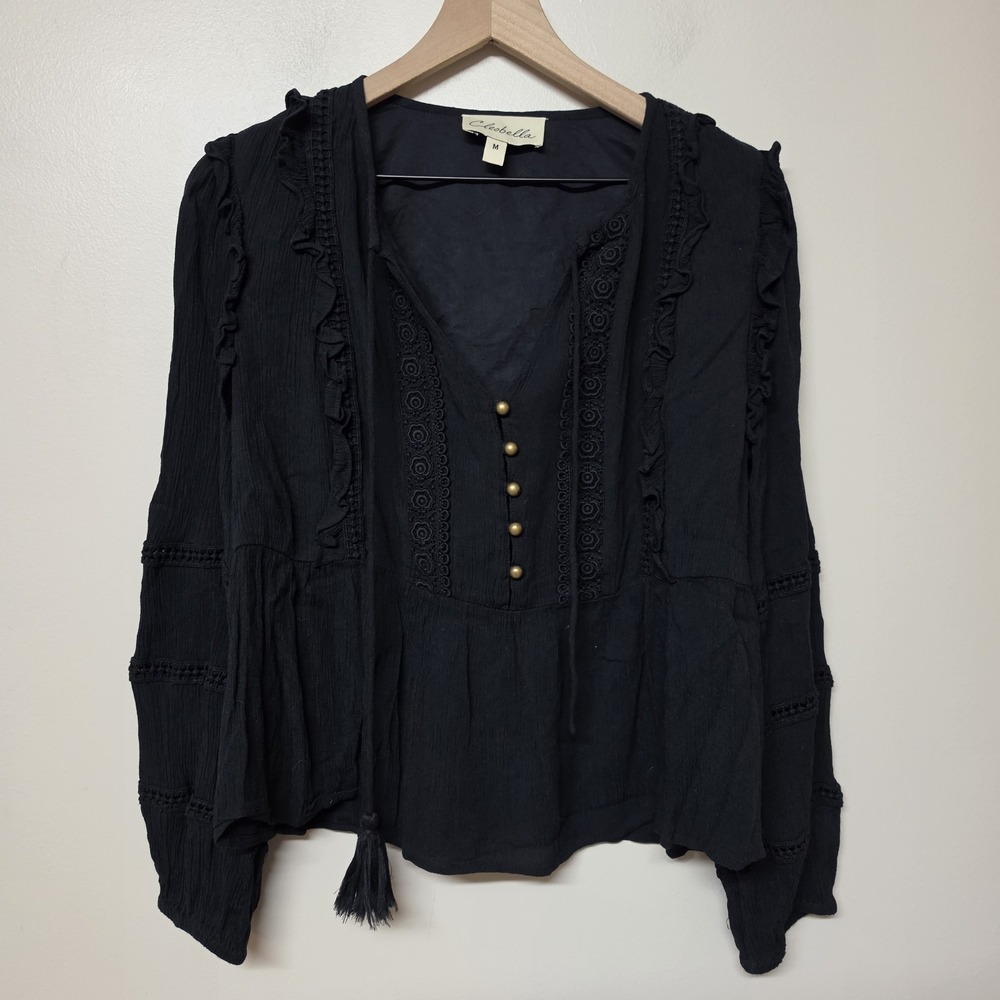 Cleobella Black Boho Blouse Women M Crochet Lace Ruffle Peasant Long Sleeve Top